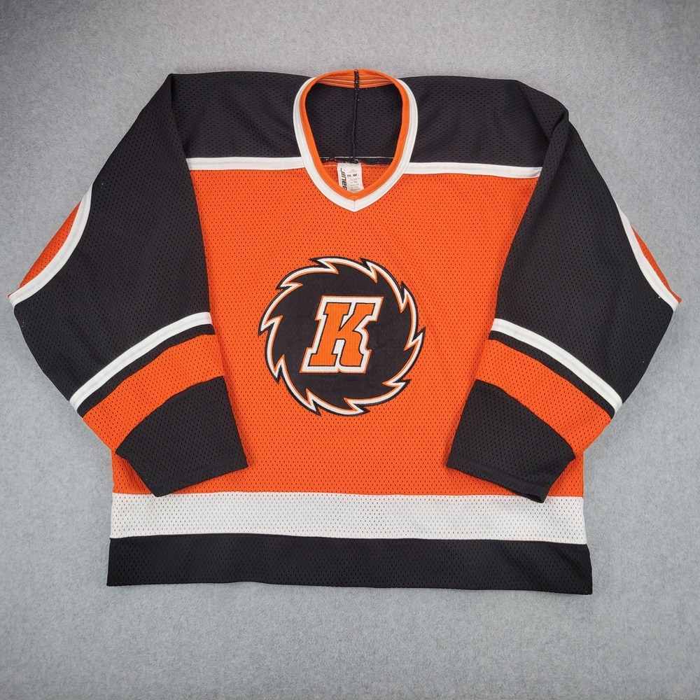 Bauer Fort Wayne Komets Hockey Jersey Mens L Orange Black White Mesh V-Neck Logo
